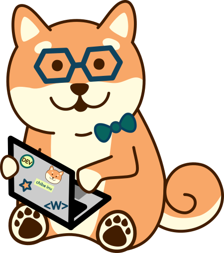 a shiba inu wearing glasses and a bowtie and working on a laptop covered in stickers